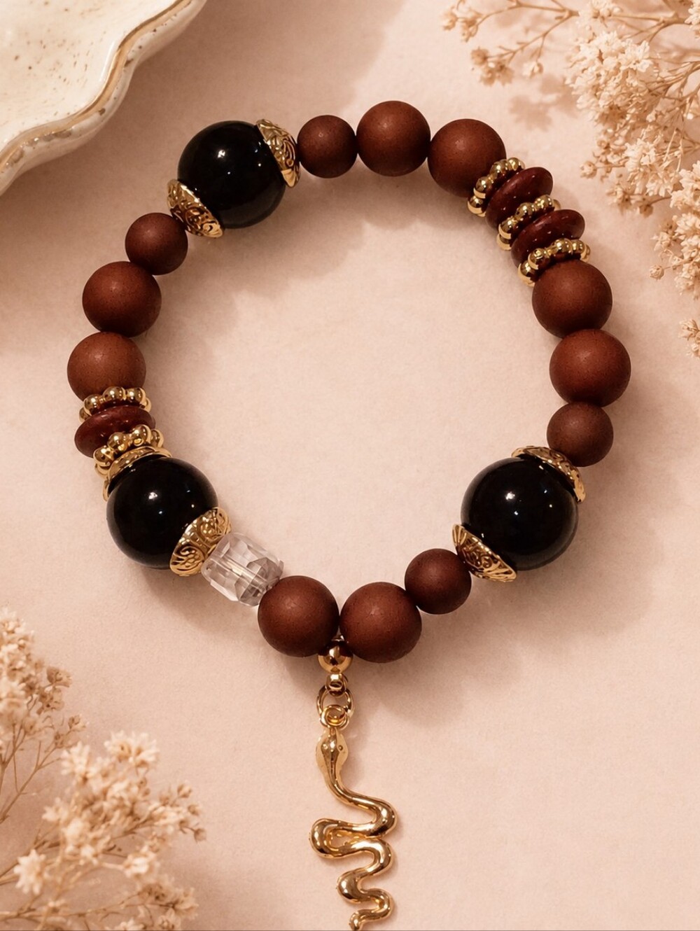 Handmade Wooden Brown Black Gold Beaded Snake Charm Stretch Bracelet